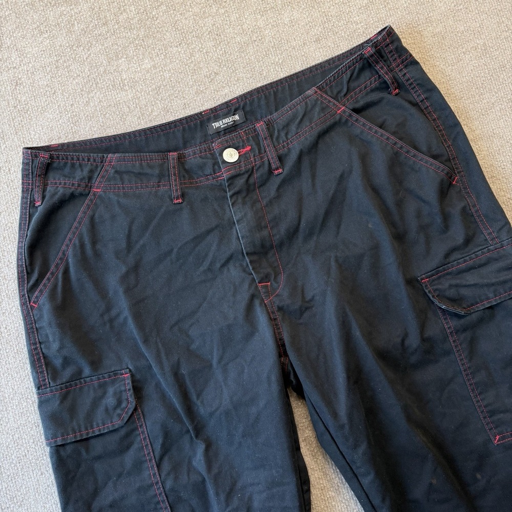 True Religion Men's Size 38 Cargo Pants Jet Black Red Trim